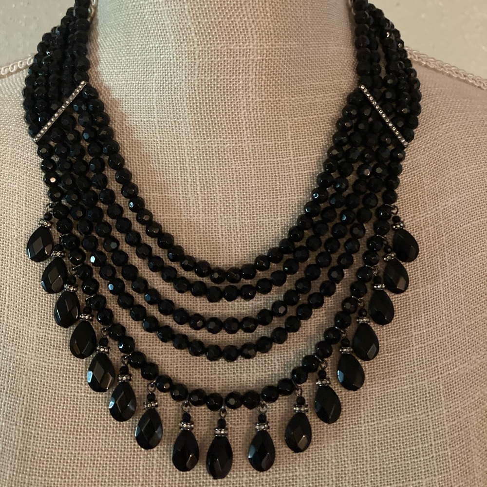 Gothic Black Glass Bead Necklace with Rhinestone Details